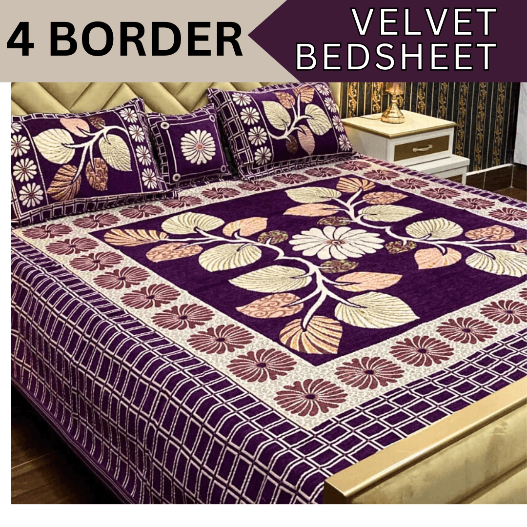 FOUR BORDER JACQUARD VELVET BED SHEET 4PCS | B37 - Gk Royal Fabrics