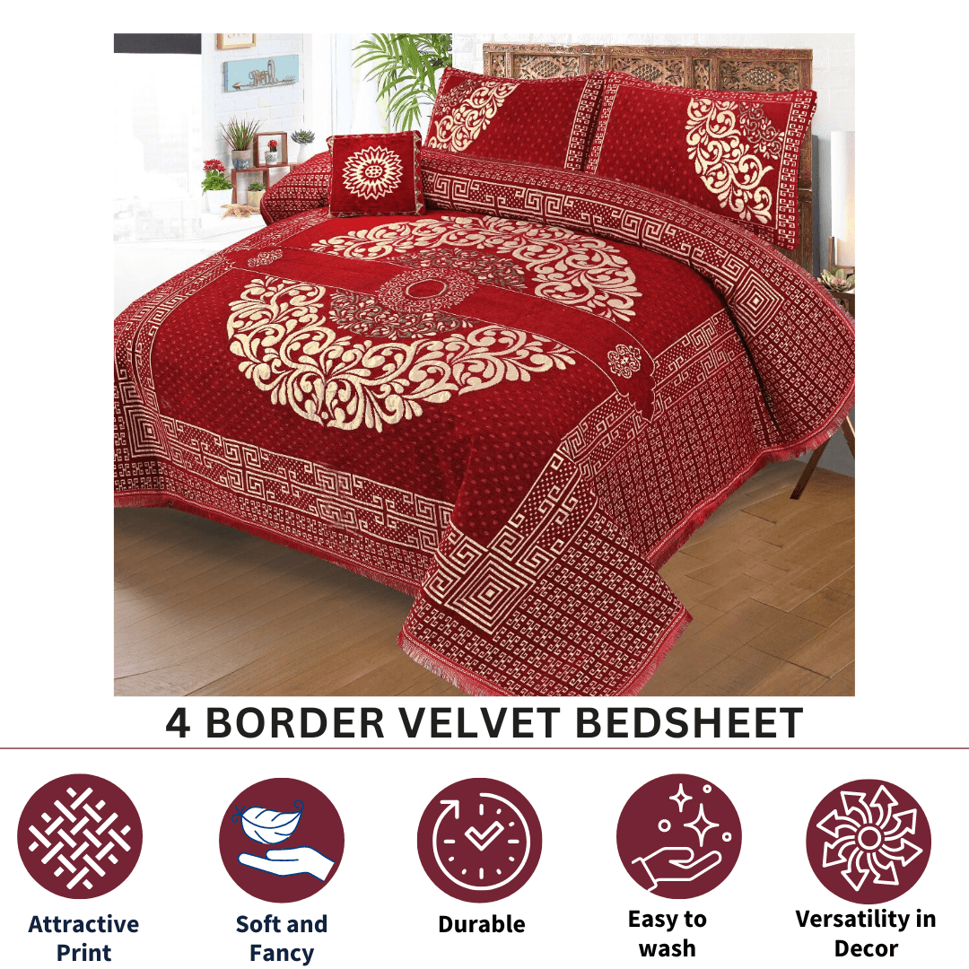 FOUR BORDER JACQUARD VELVET BED SHEET 4PCS |B39 - Gk Royal Fabrics