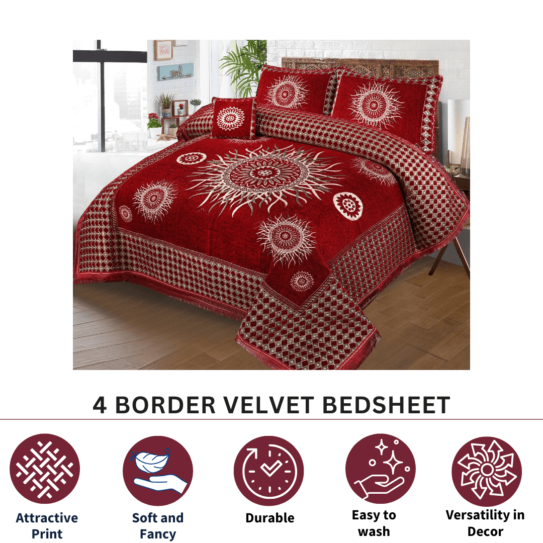 FOUR BORDER JACQUARD VELVET BED SHEET 4PCS |B41 - Gk Royal Fabrics