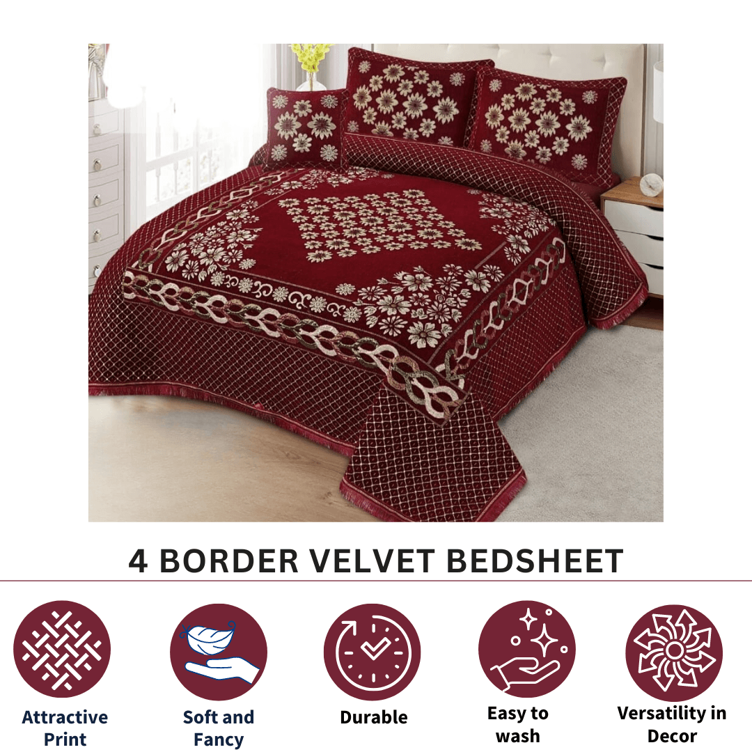FOUR BORDER JACQUARD VELVET BED SHEET 4PCS |B45 - Gk Royal Fabrics