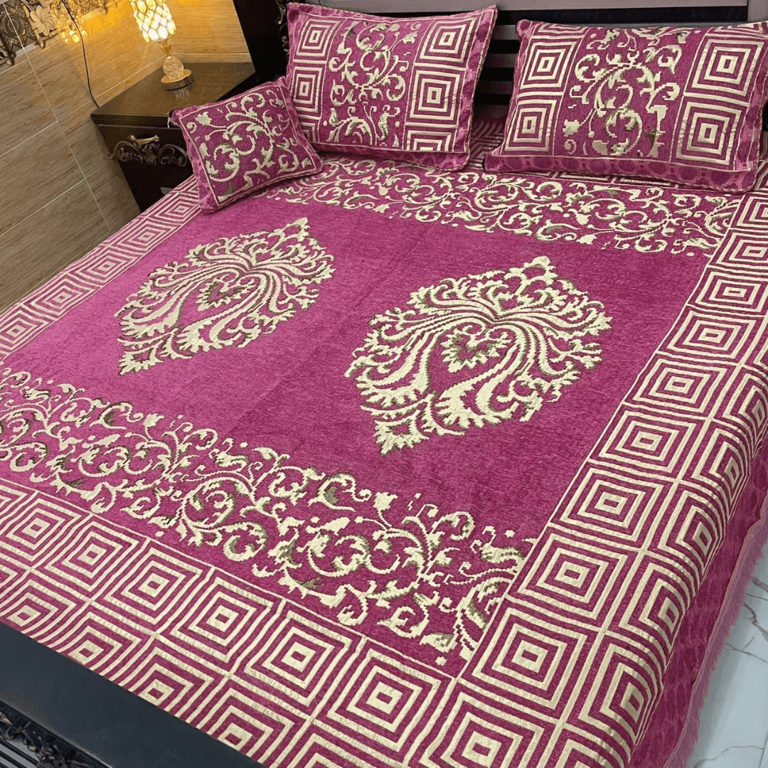 FOUR BORDER JACQUARD VELVET BED SHEET 4PCS | B35 - Gk Royal Fabrics