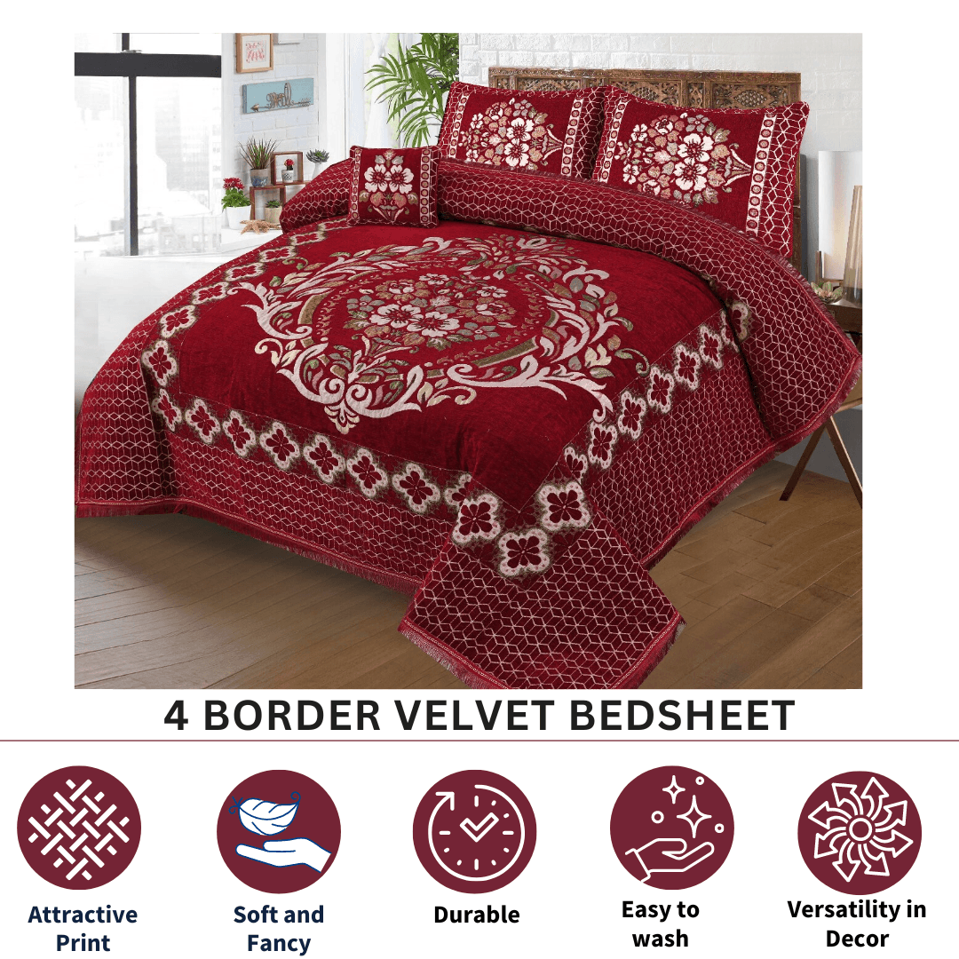 FOUR BORDER JACQUARD VELVET BED SHEET 4PCS |B40 - Gk Royal Fabrics