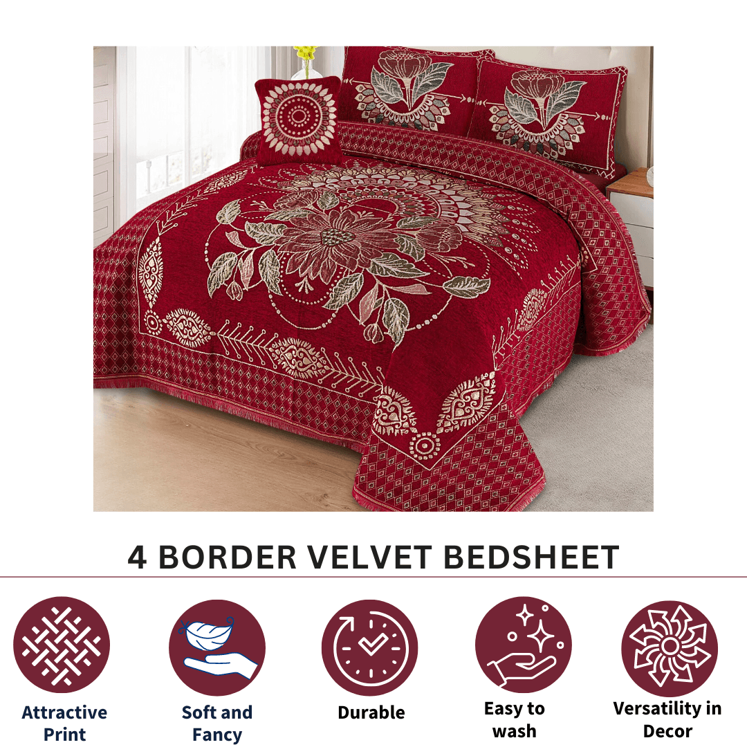 FOUR BORDER JACQUARD VELVET BED SHEET 4PCS |B43 - Gk Royal Fabrics
