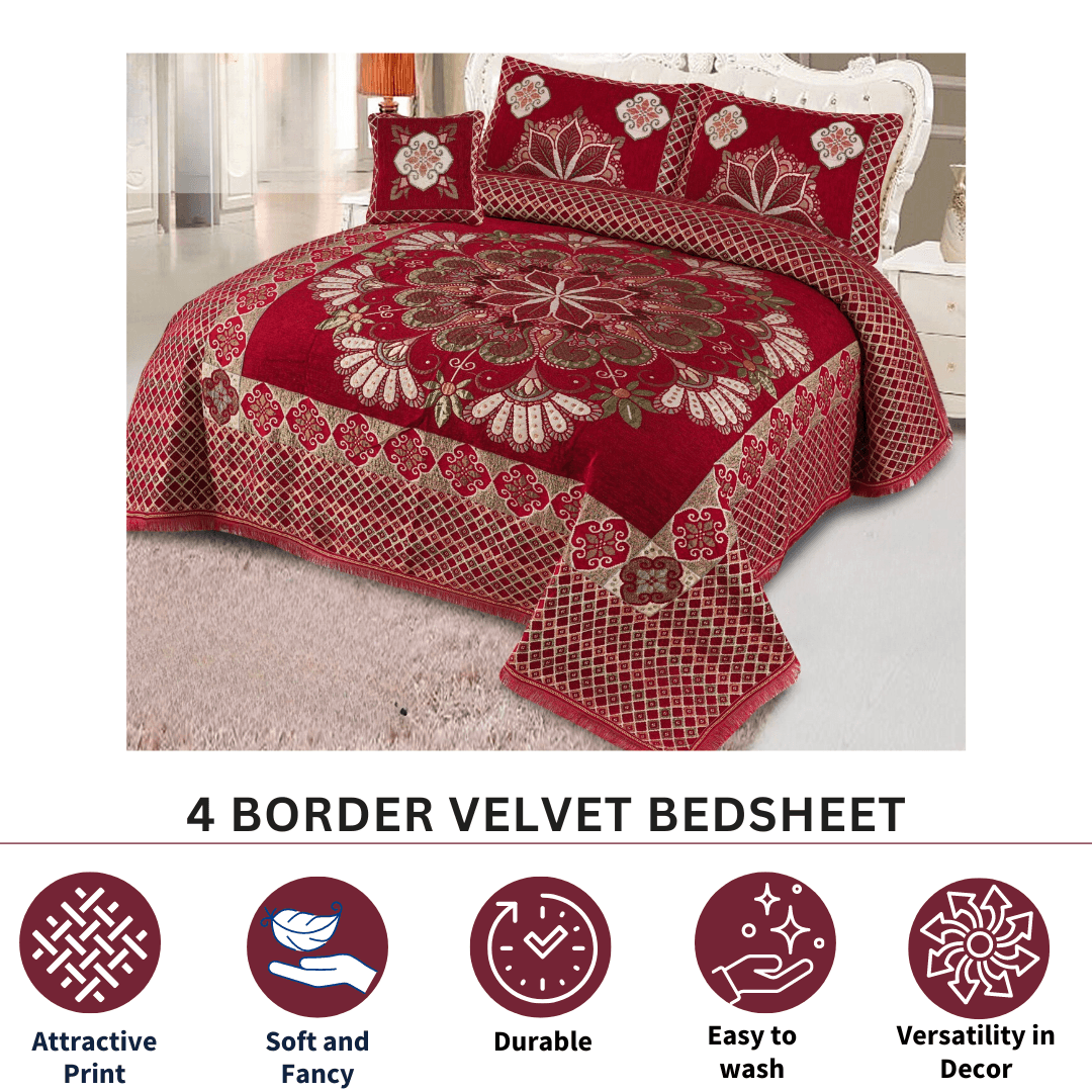 FOUR BORDER JACQUARD VELVET BED SHEET 4PCS |B47 - Gk Royal Fabrics