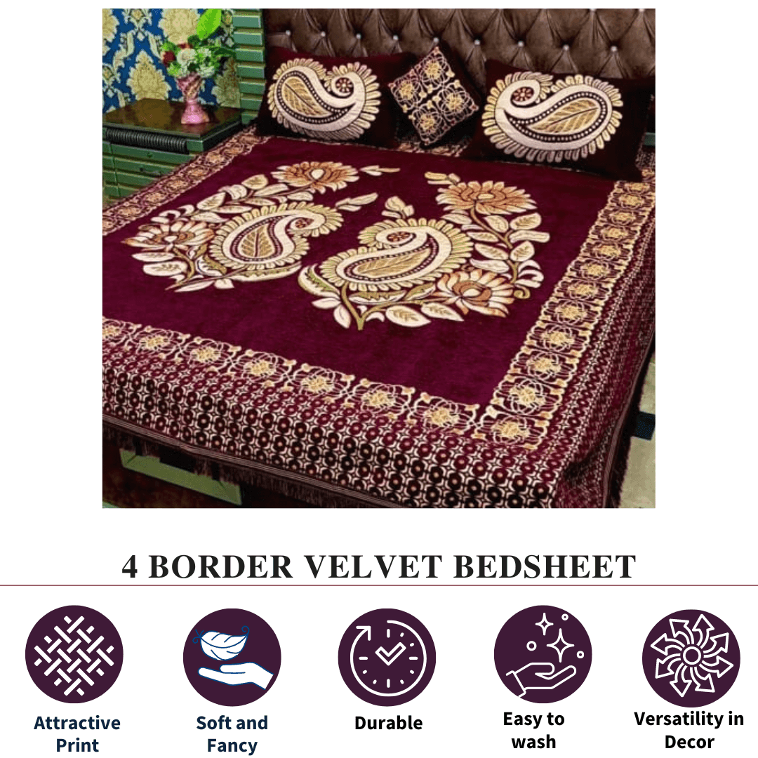 Four Border Jacquard Velvet Bed Sheet 4Pcs | B29 - Gk Royal Fabrics