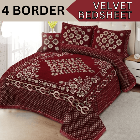 FOUR BORDER JACQUARD VELVET BED SHEET 4PCS |B45 - Gk Royal Fabrics