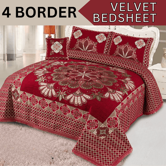 FOUR BORDER JACQUARD VELVET BED SHEET 4PCS |B47 - Gk Royal Fabrics